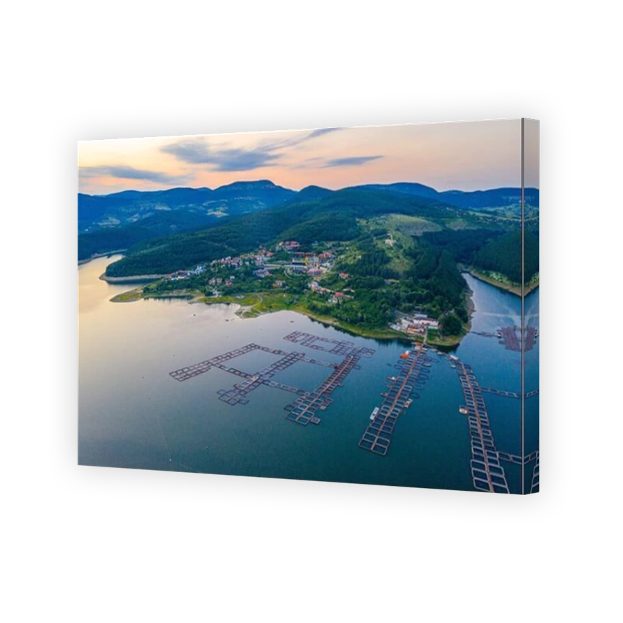 Aerial view of Glavatartsi village at Kardzhali dam in Bulgaria