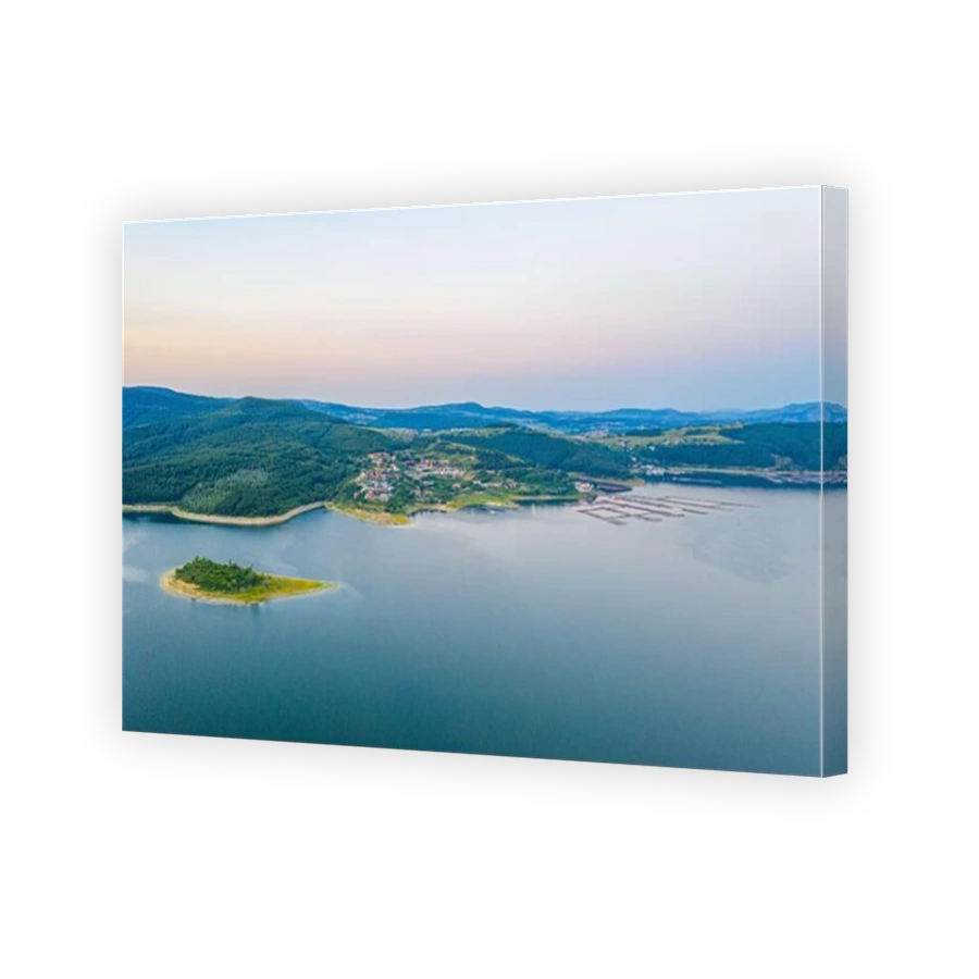 Aerial view of Glavatartsi village at Kardzhali dam in Bulgaria
