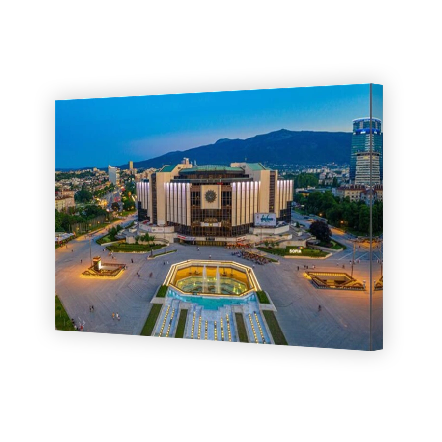 Sofia, Bulgaria, July 1, 2020: Sunset aerial view of the National Palace of Culture in Sofia, Bulgaria