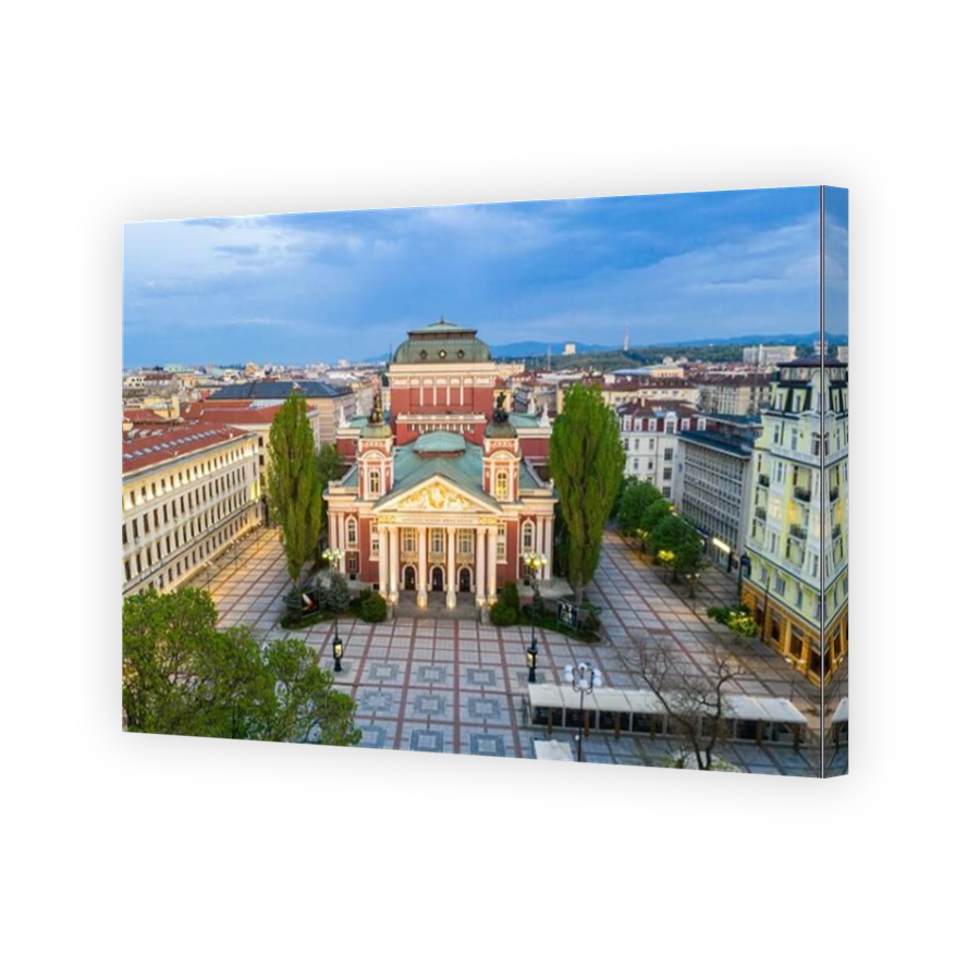 Sunset aerial view of Ivan Vazov Theatre in Sofia, Bulgaria