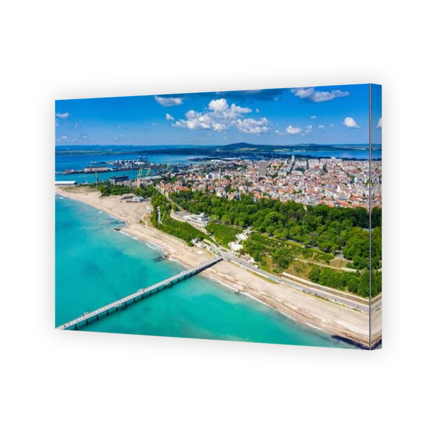 Aerial view of the main beach of the bulgarian town Bourgas