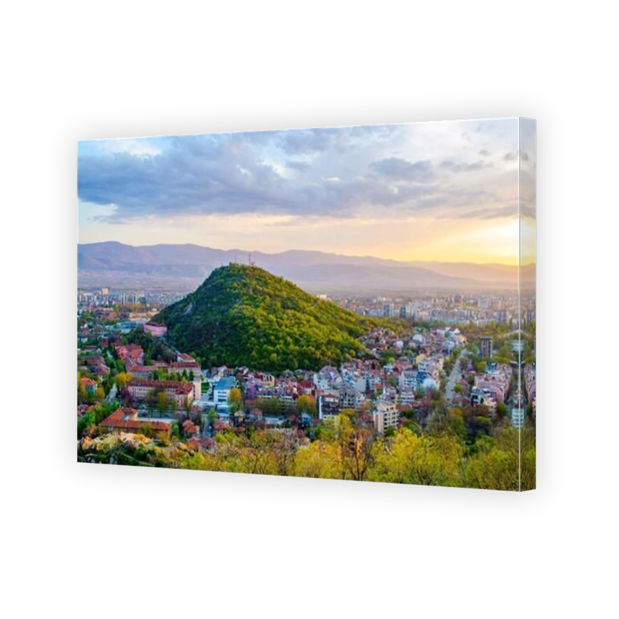 sunset over bulgarian city plovdiv