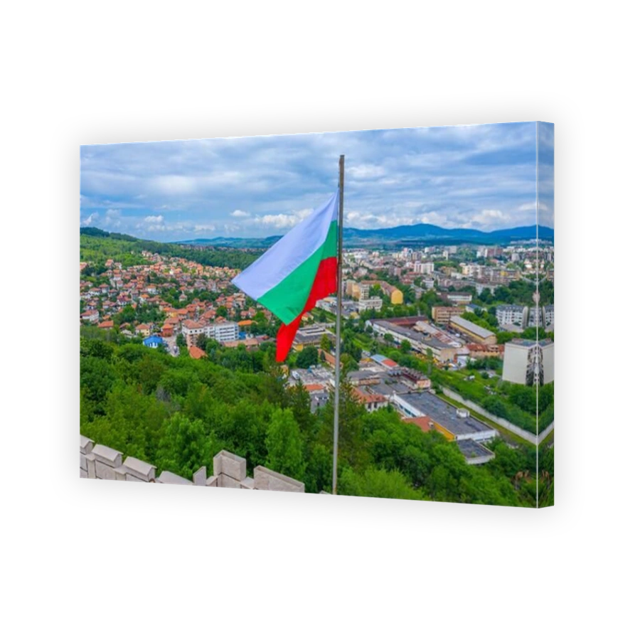 Aerial view of Bulgarian town Pernik and Bulgarian flag