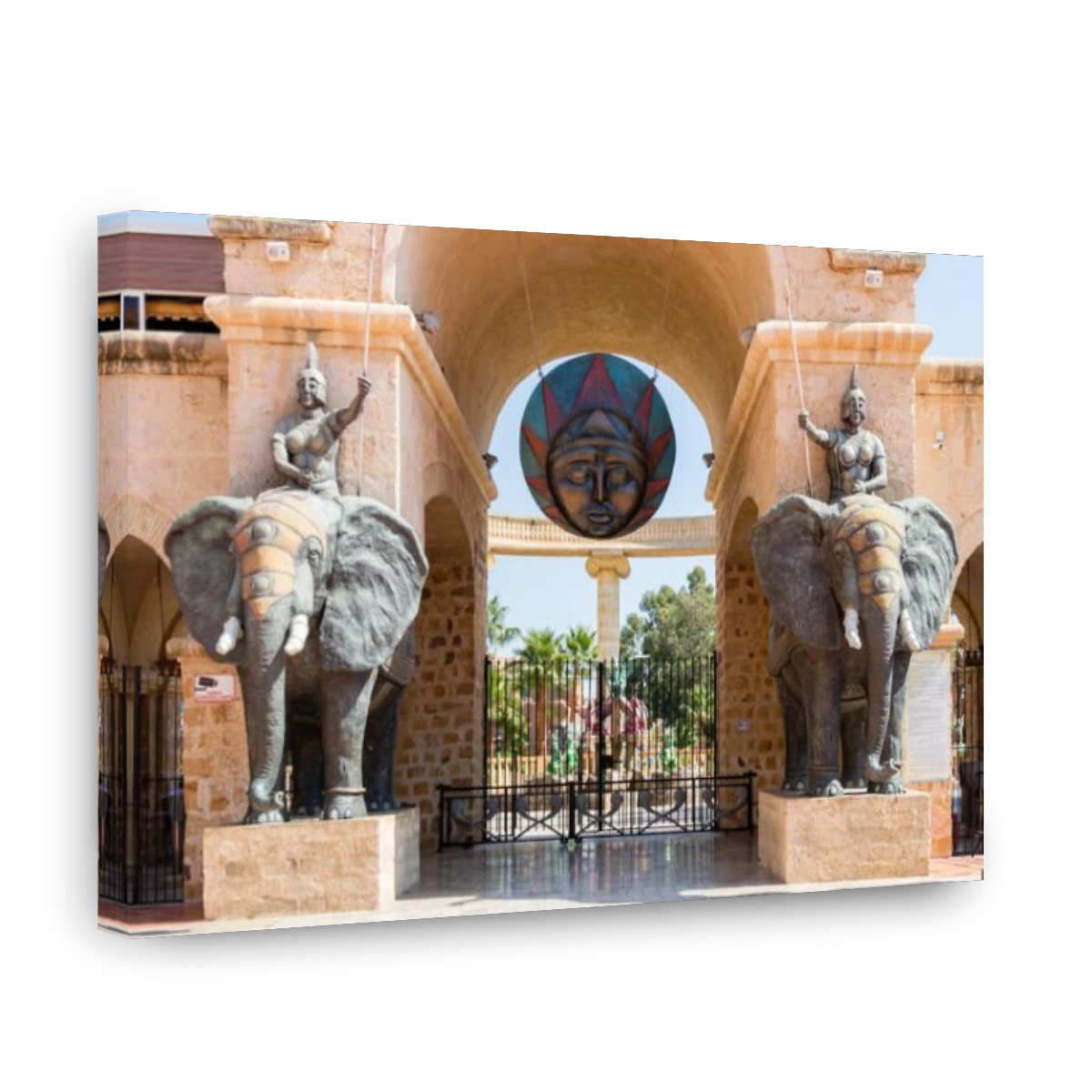 The water park with a secured front entrance protected by war elephants, Yasmine Hammamet, Tunisia, Africa