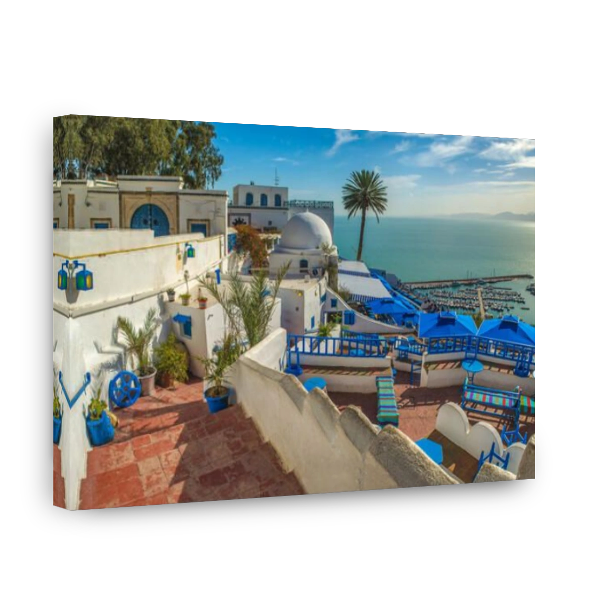 Sidi Bou Said beautiful panoramic view on seaside and cafe terrace. Tunisia.