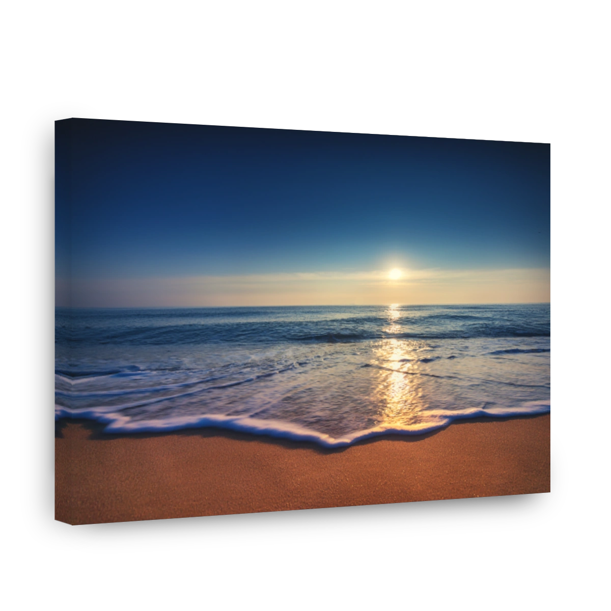 Sunrise over the sea and beach. Waves washing the sand