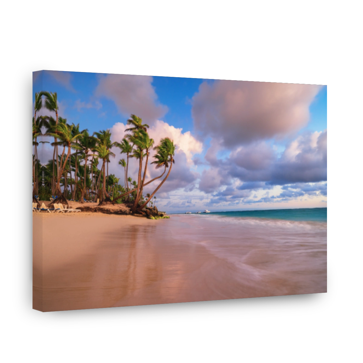 Palm tree and tropical beach at sunset or sunrise with dramatic clouds