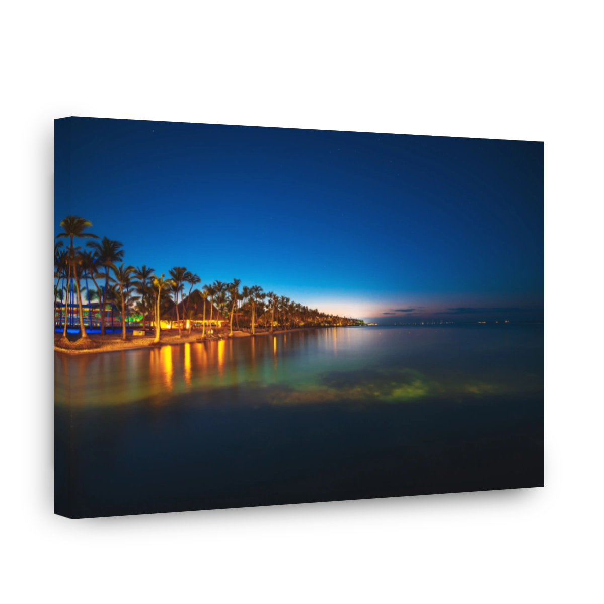 Tropical island at night. Palm trees silhouettes and lights on resort beach