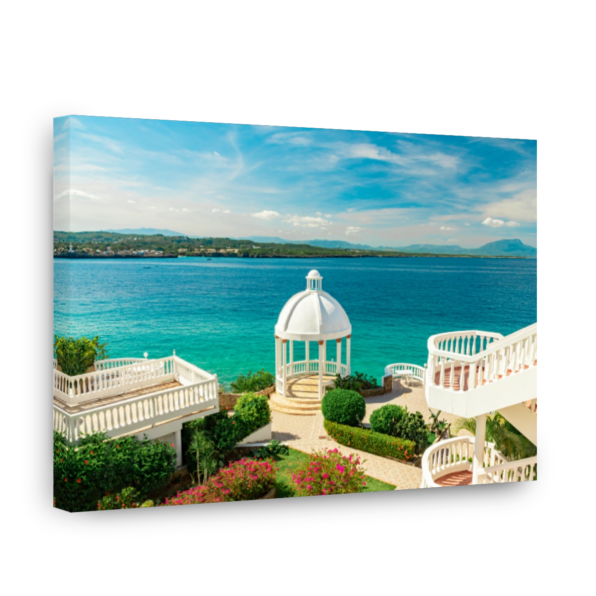 Beautiful white gazebo and tropical flower garden on Caribbean ocean background, summer mountain view , Sosua, Puerto Plata, Dominican Republic