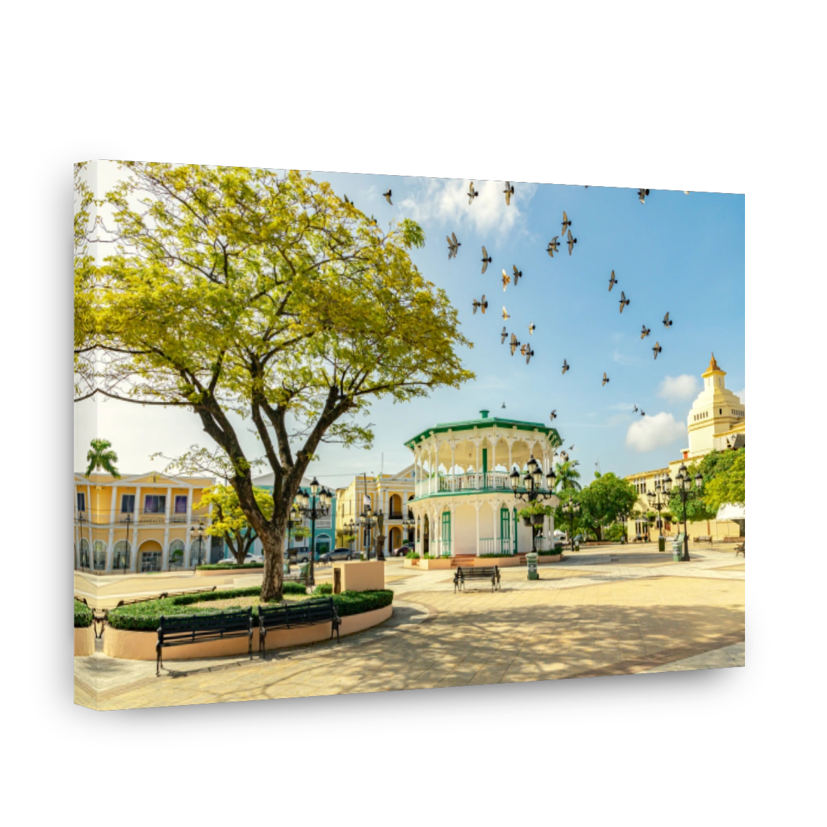Flying birds in the sky of the Central Park in Puerto Plata, Independence Square, Plaza de Independencia, and a catholic church in the downtown