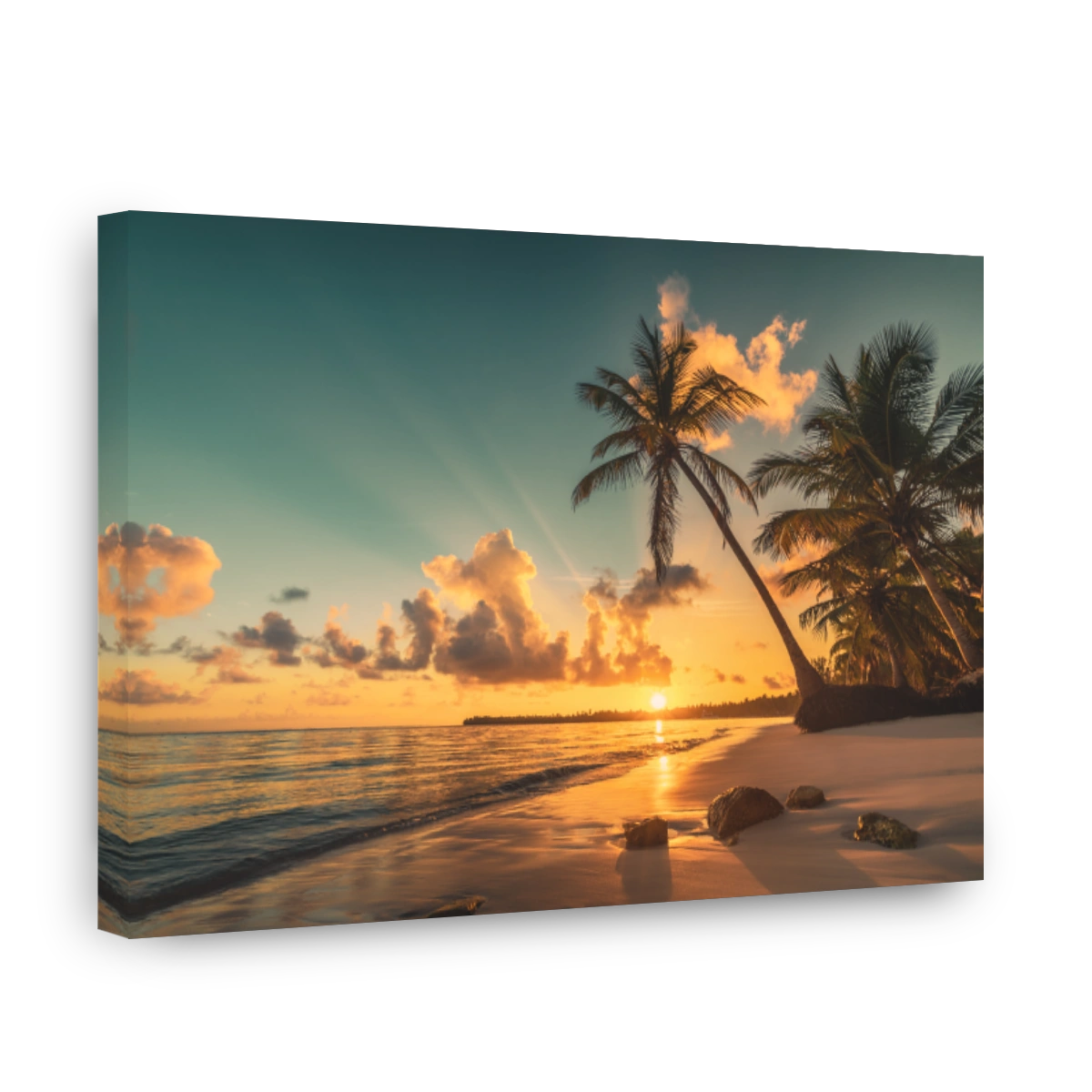 Tropical beach in Punta Cana, Dominican Republic. Sunrise over exotic island in the ocean.