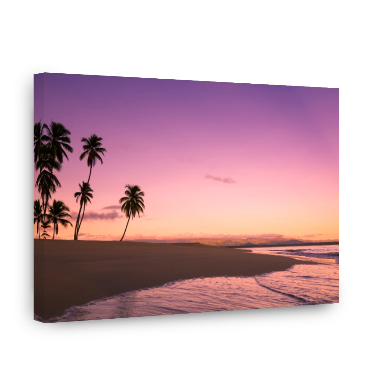 Silhouettes of a palm trees against purple sky on a tropical beach at sunset.