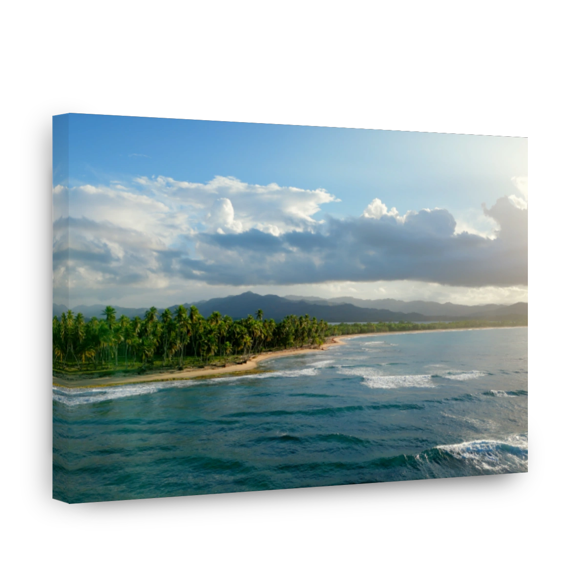 Aerial panoramic view of wild tropical beach El Limon at sunset. Cordillera Central mountain range in the background. Miches, Dominican Republic