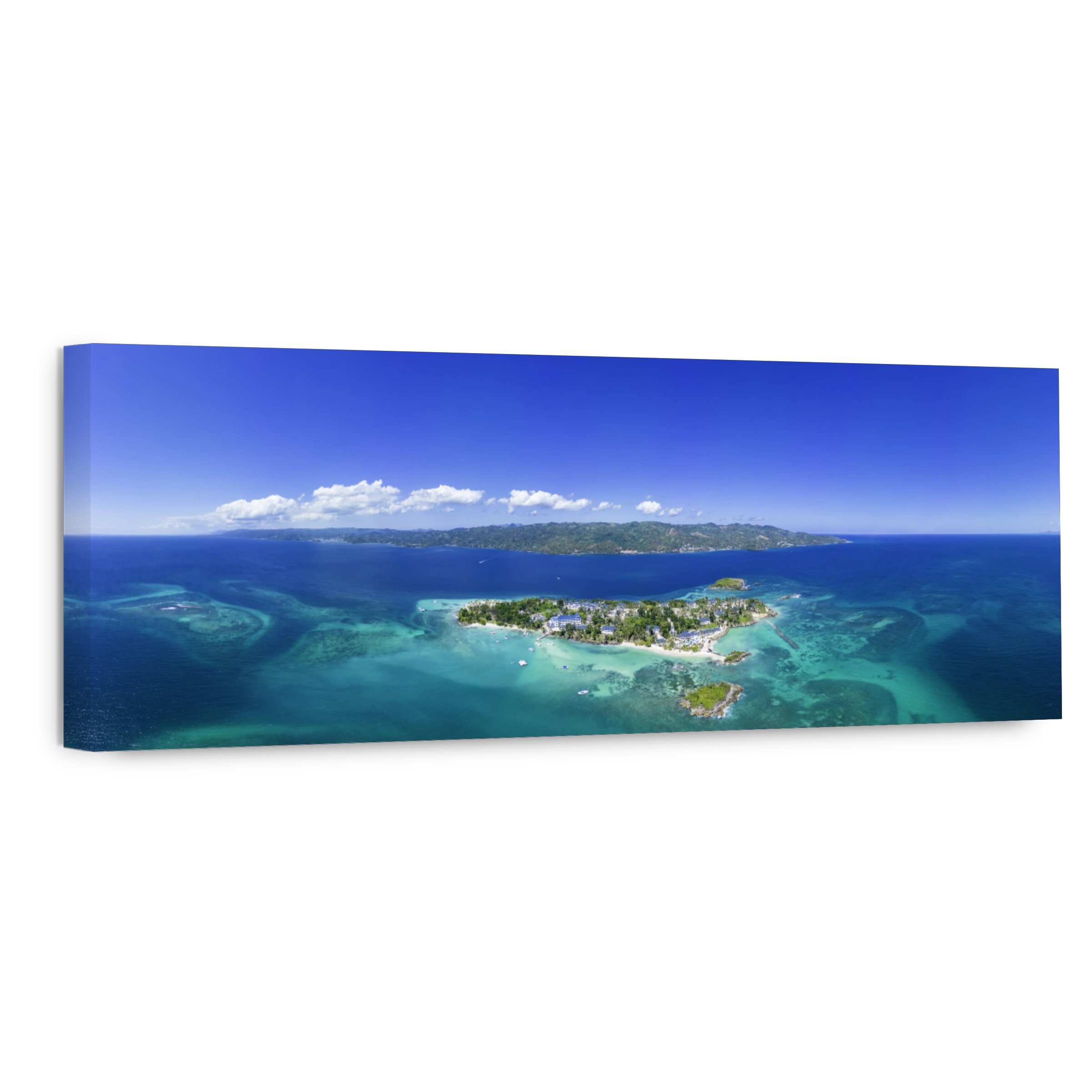 Aerial side view panorama of Cayo Levantado Bacardi Island in the turquoise sea. Paradise tropical beach with white sand. Samana, Dominican Republic