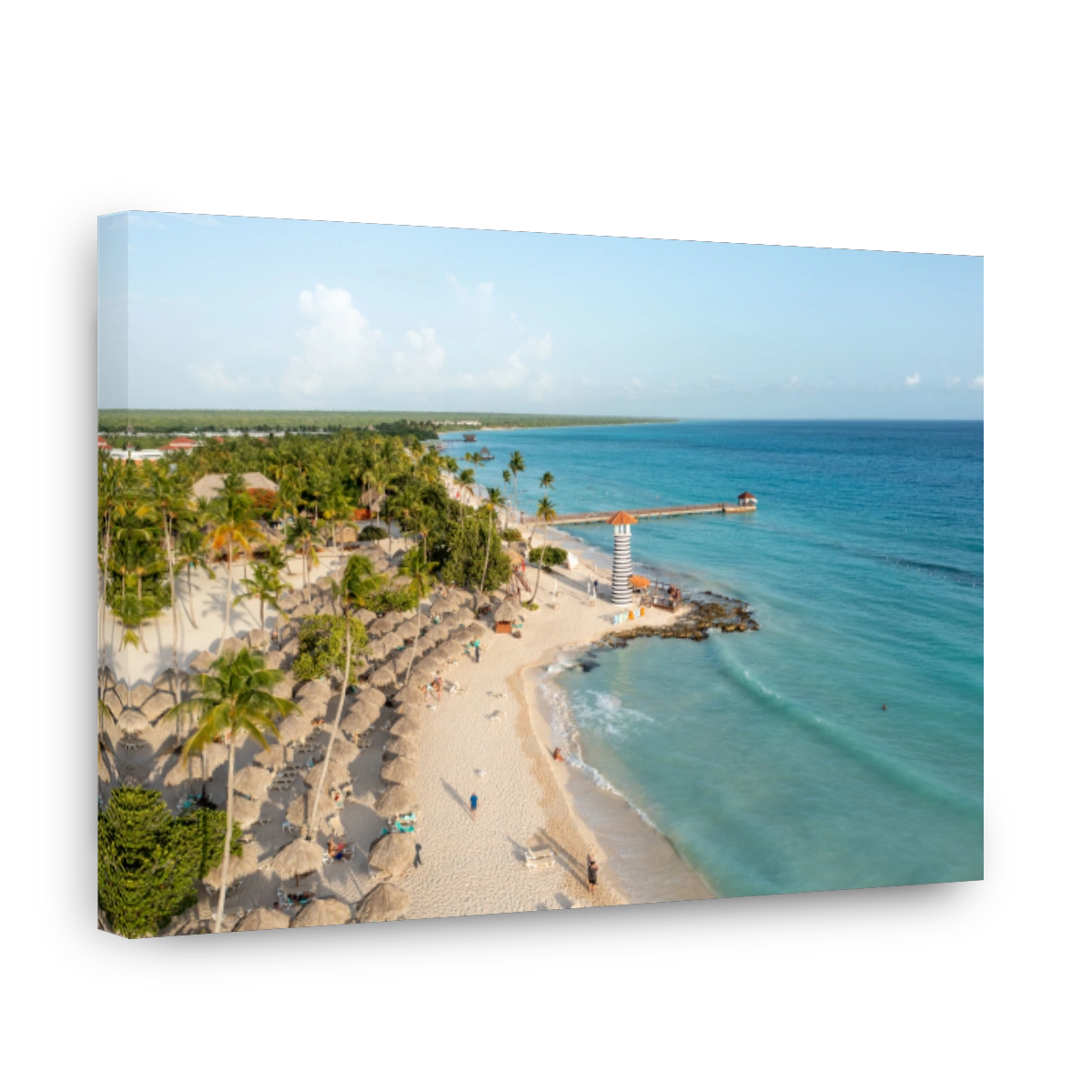 Bird's eye view of a beach with palms and a lighthouse in the Dominican Republic
