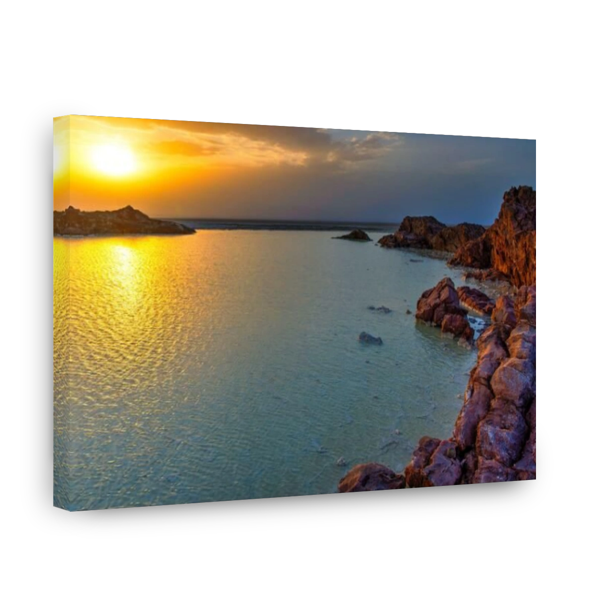 Scenic Danakil depression salt lake in sunset in golden hour, Dallol, Ethiopia