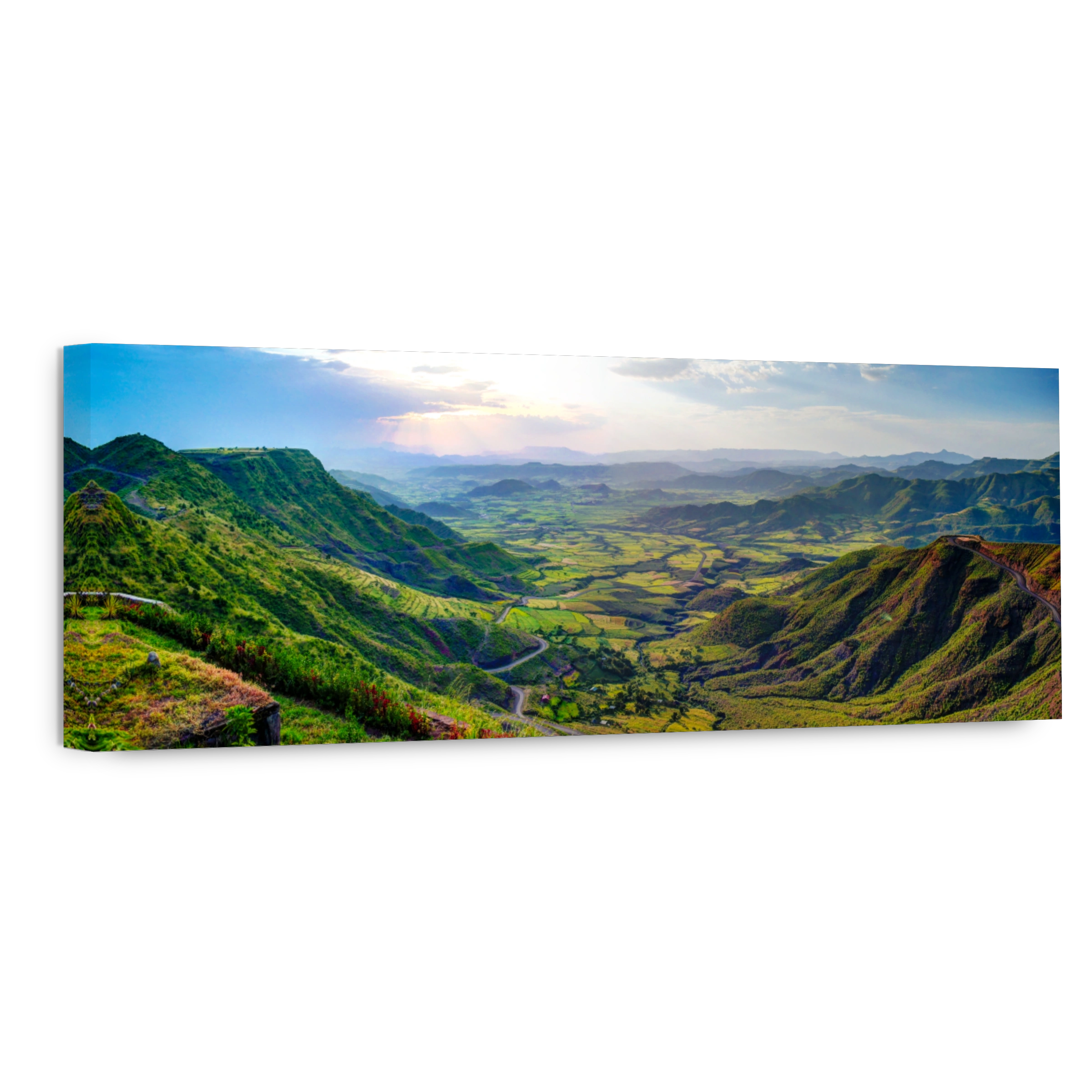 Aerial Panorama of Semien mountains and valley around Lalibela, Ethiopia