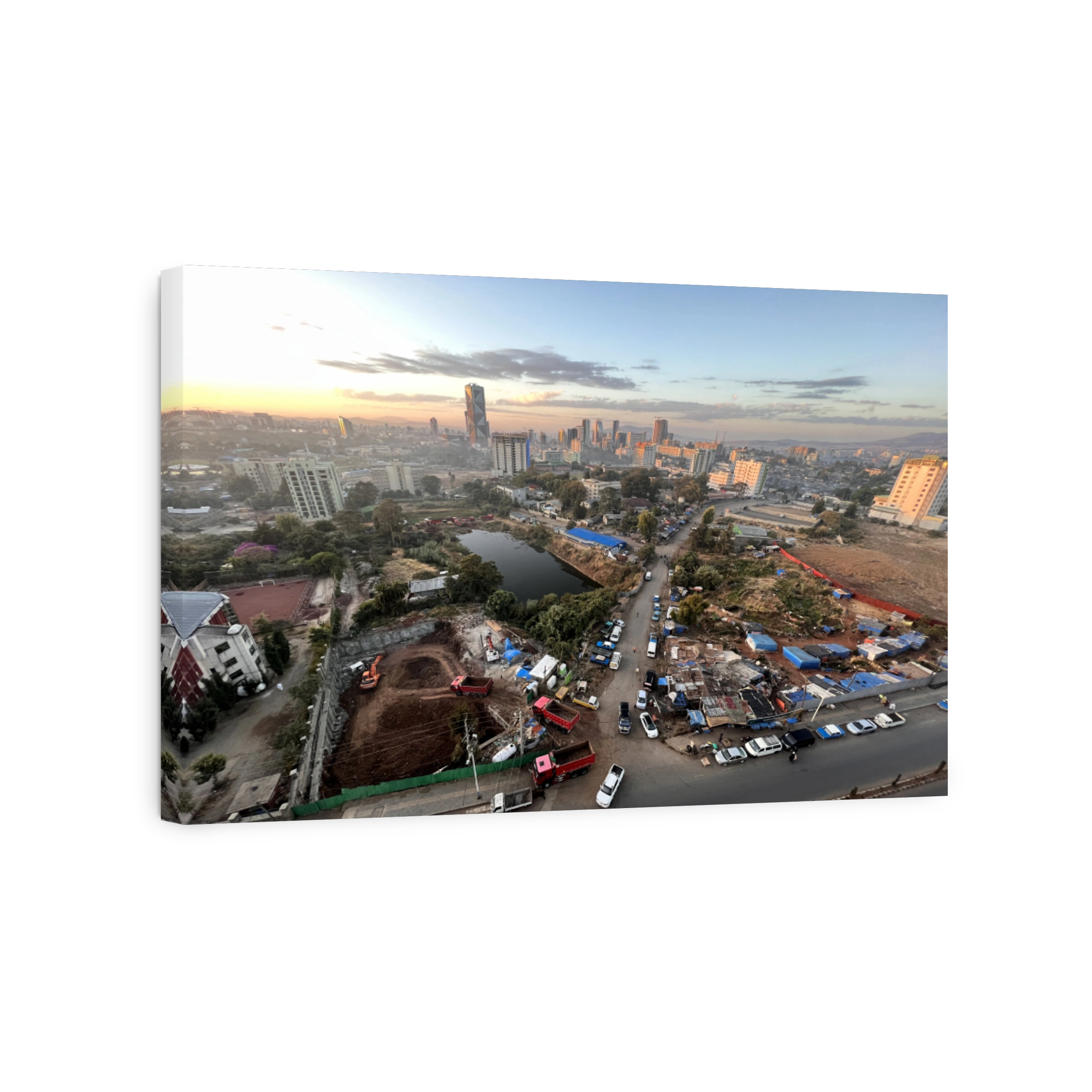 Addis Abeba, Ethiopia - 9 January 2023: Aerial overview of Addis Abeba city, the capital of Ethiopia, showing brand new buildings and construction in the foreground, city centre and suburbs