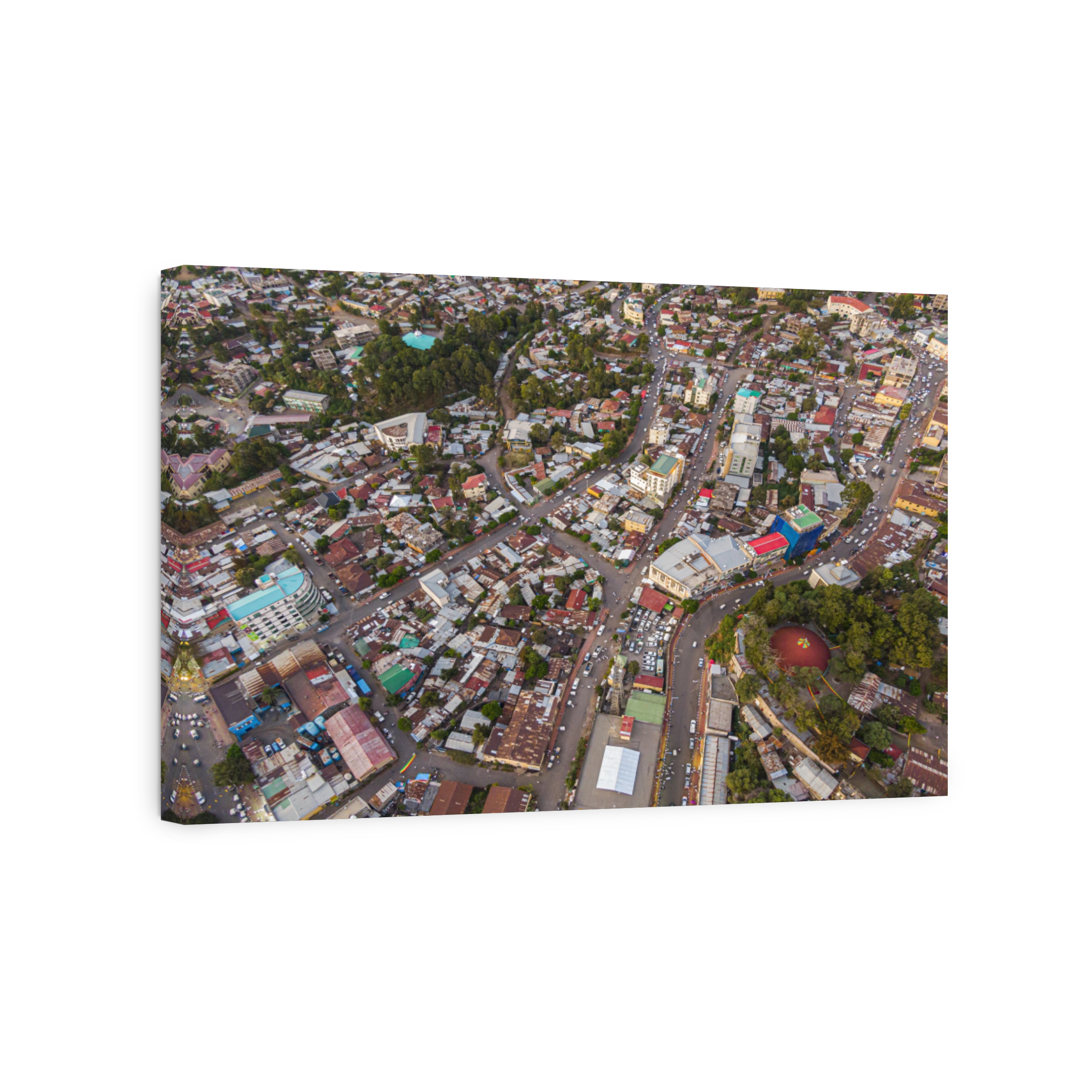 Aerial view of the city centre of Gondar with a lot of car and pedestrian traffic, Ethiopia, Africa