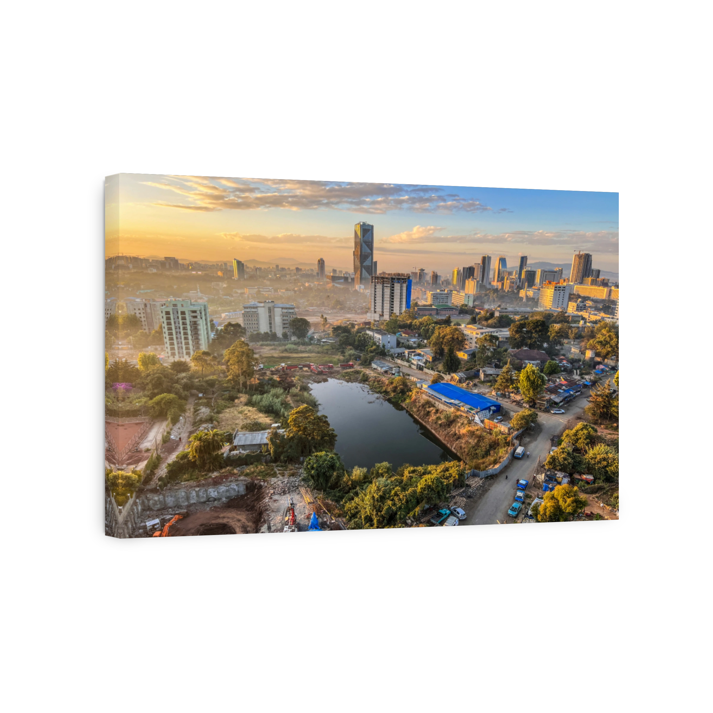 Aerial overview of Addis Abeba city, the capital of Ethiopia, showing brand new buildings and construction in the foreground, city centre and suburbs, Ethiopia