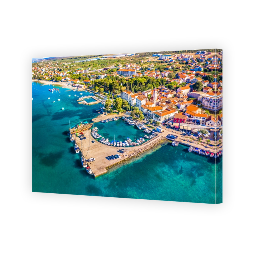 Aerial view of Sveti Filip i Jakov with coastline and marina, Croatia