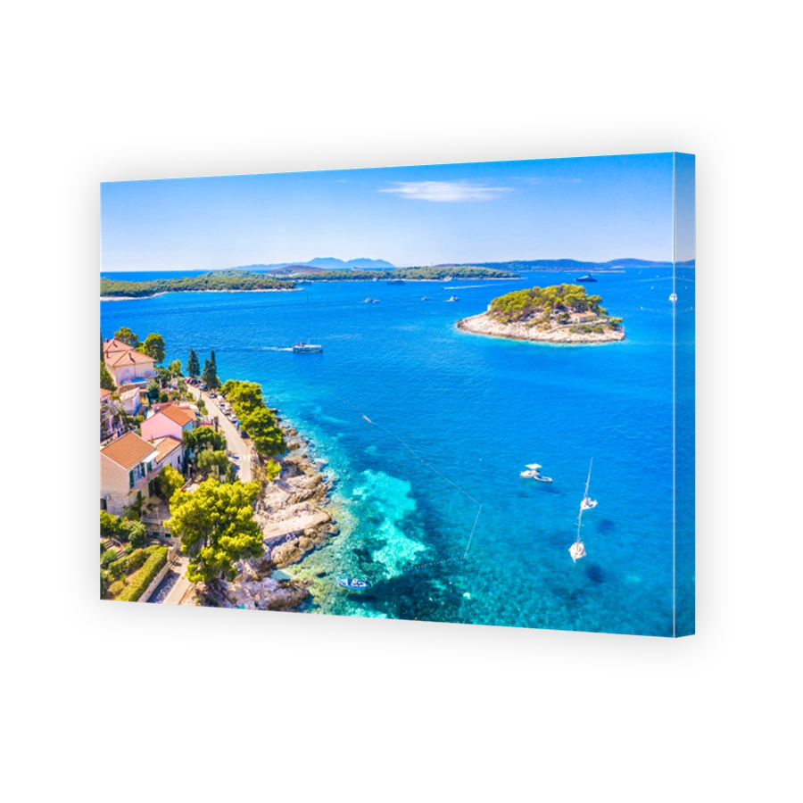 Aerial view of Hvar coastline with Pakleni Islands in the background