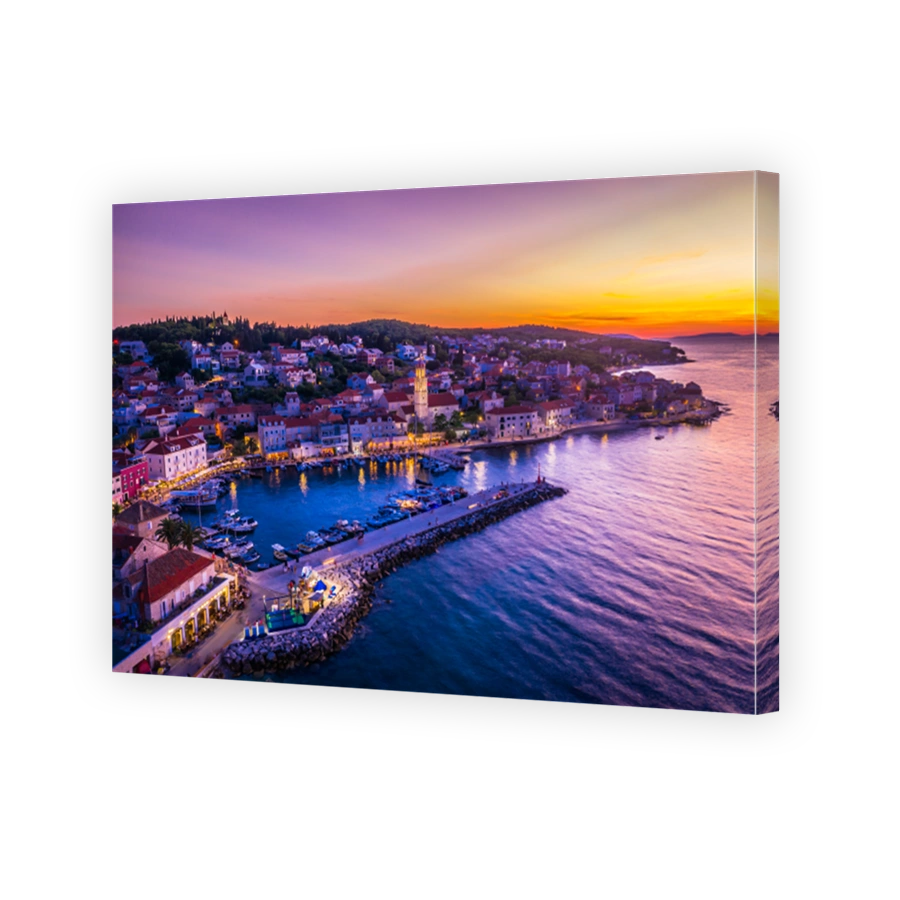 Aerial View of Sutivan and Riva at Summer Dusk on Brac Island