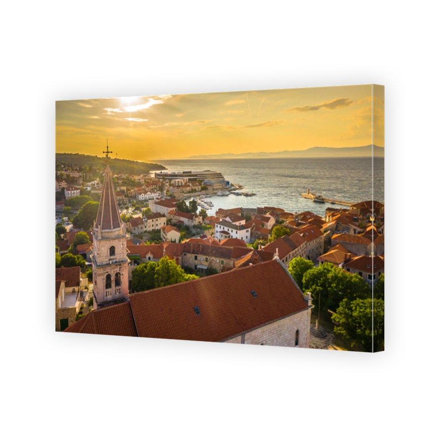 Aerial View of Sunset Over Postira on Brac Island, Croatia