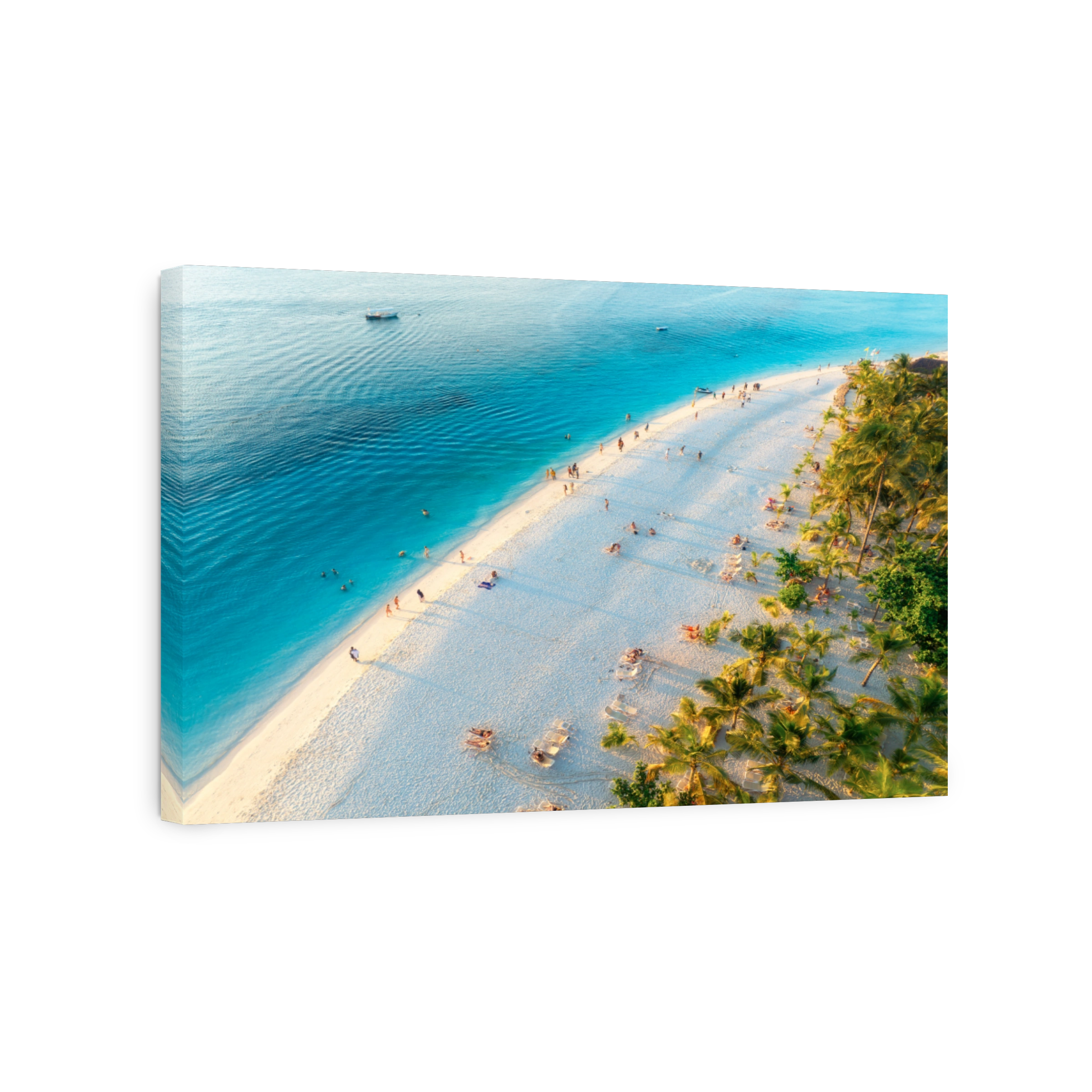 Aerial view of green palm trees, umbrellas on the sandy beach of Indian Ocean at sunset. Summer holiday in Kendwa, Zanzibar island. Tropical landscape with palms, white sand, clear blue sea. Top view