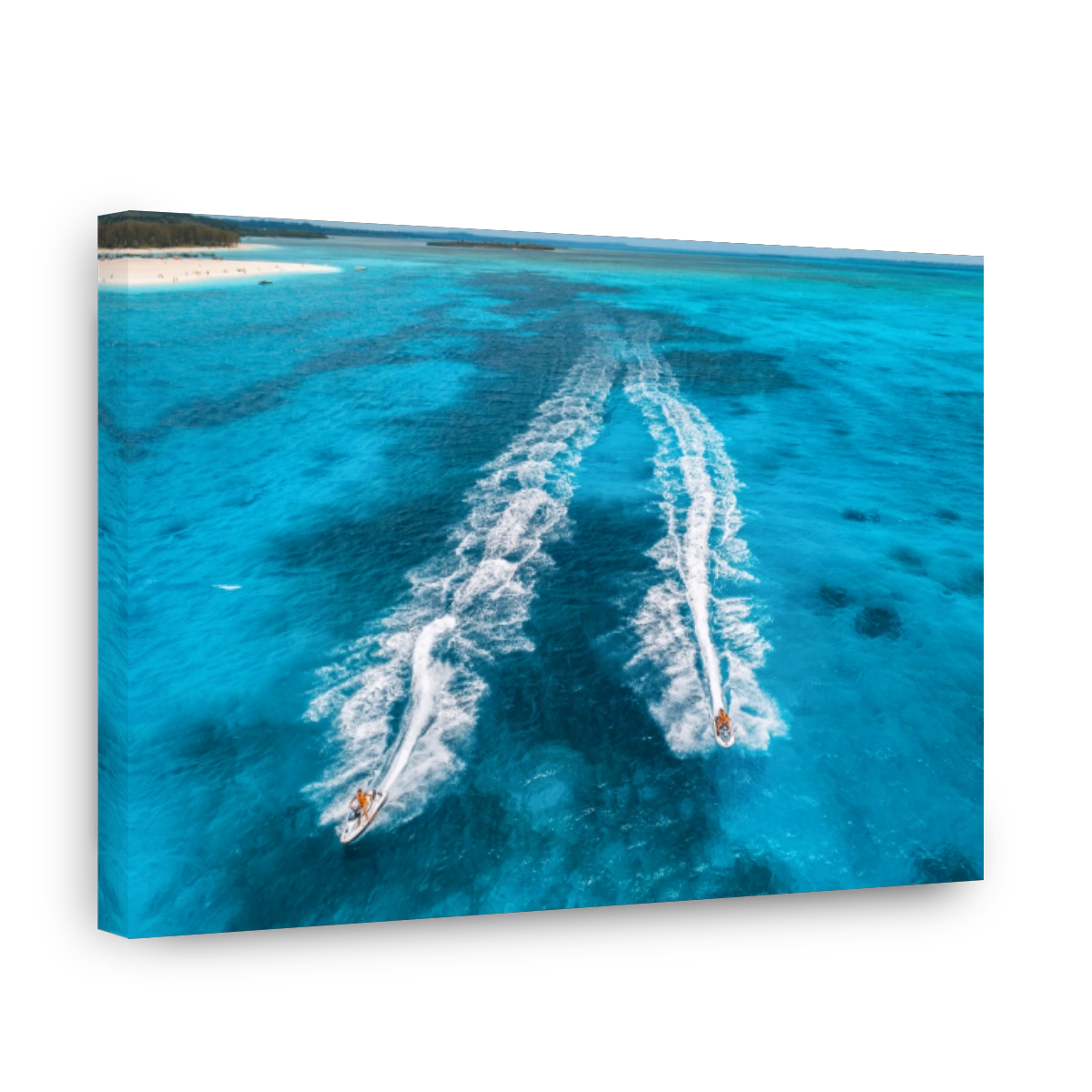 Aerial view of floating water scooter in blue water at sunny day in summer. Holiday in Indian ocean, Zanzibar, Africa. Top view of jet ski in motion. Tropical seascape with moving motorboat. Extreme