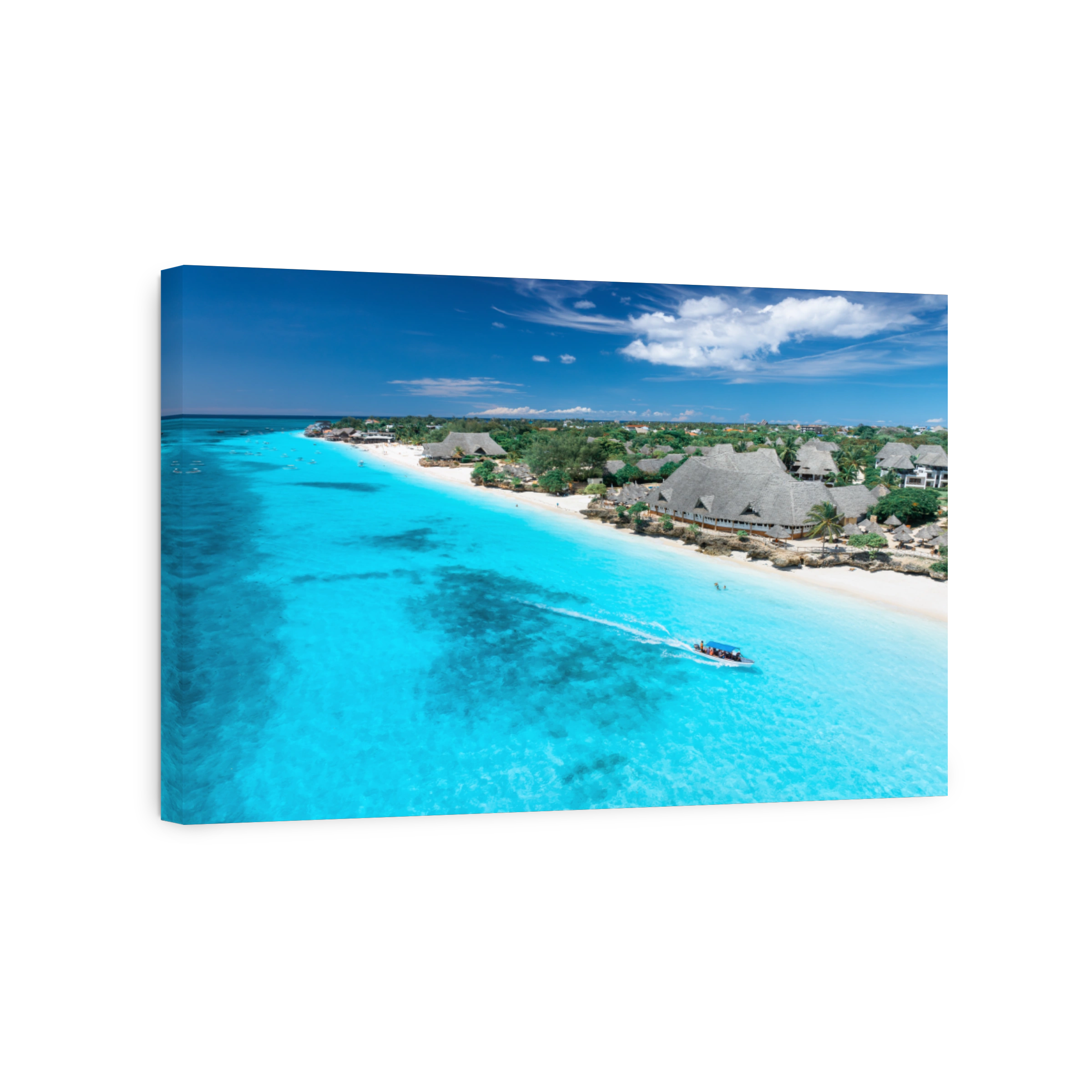 Aerial view of sandy beach, blue sea, bungalows, green palms, umbrellas, floating boat on summer sunny day. Nungwi, Zanzibar island. Travel. Tropical landscape. Top drone view of luxury resort. Ocean