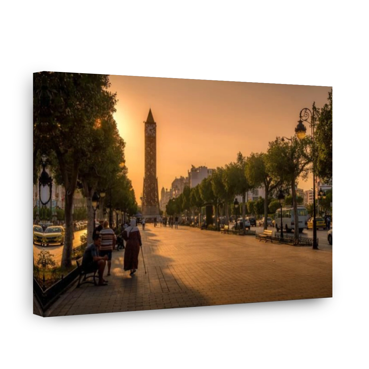 A panoramic view of Bourguiba Avenue in Tunis city downtown, showcasing the iconic Tunis Clock Tower, tree-lined streets, and urban life.
