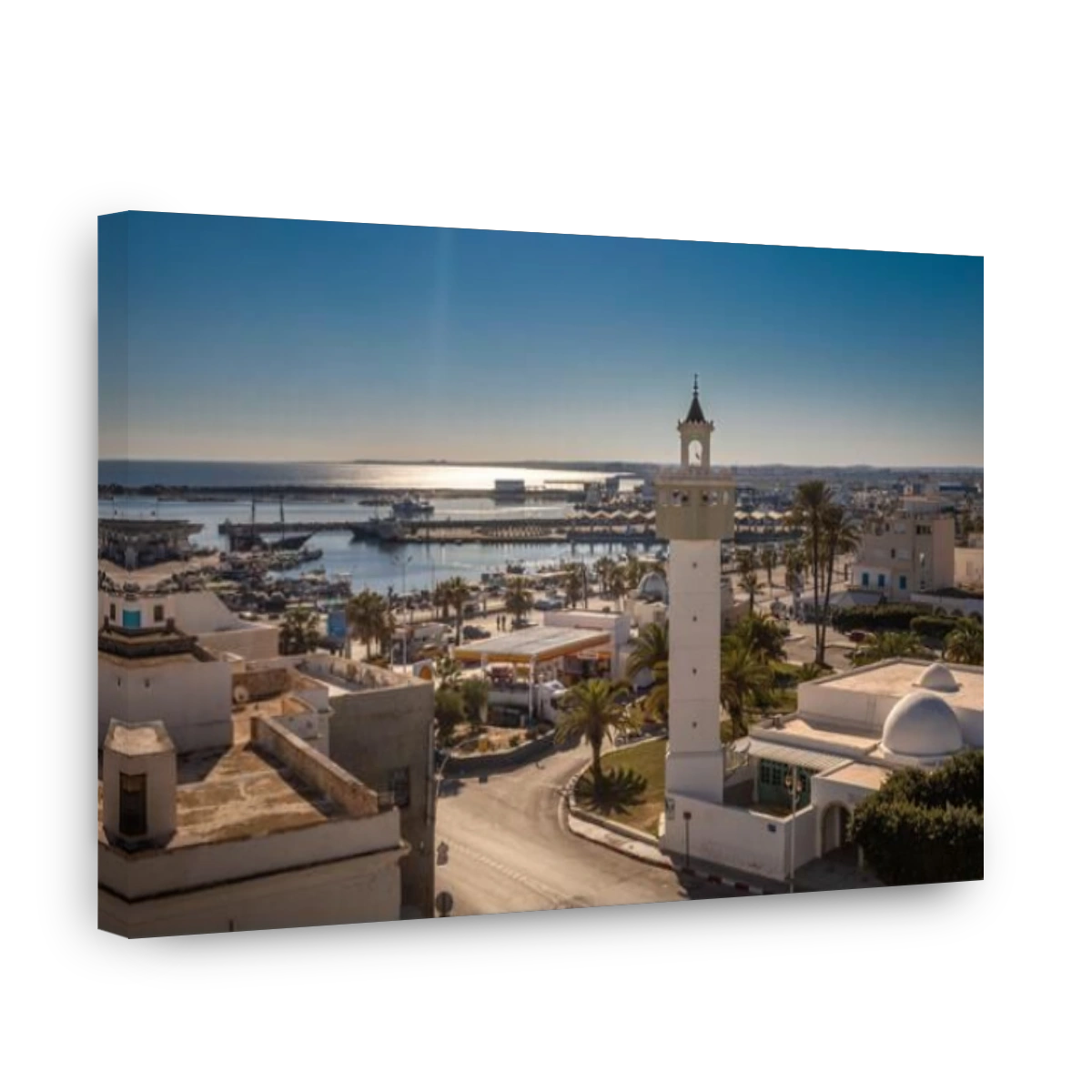 Looking south from the roof of the Skifa el Kahla to Sidi Mitr Mosque and the fishing harbour and port, Mahdia, Tunisia