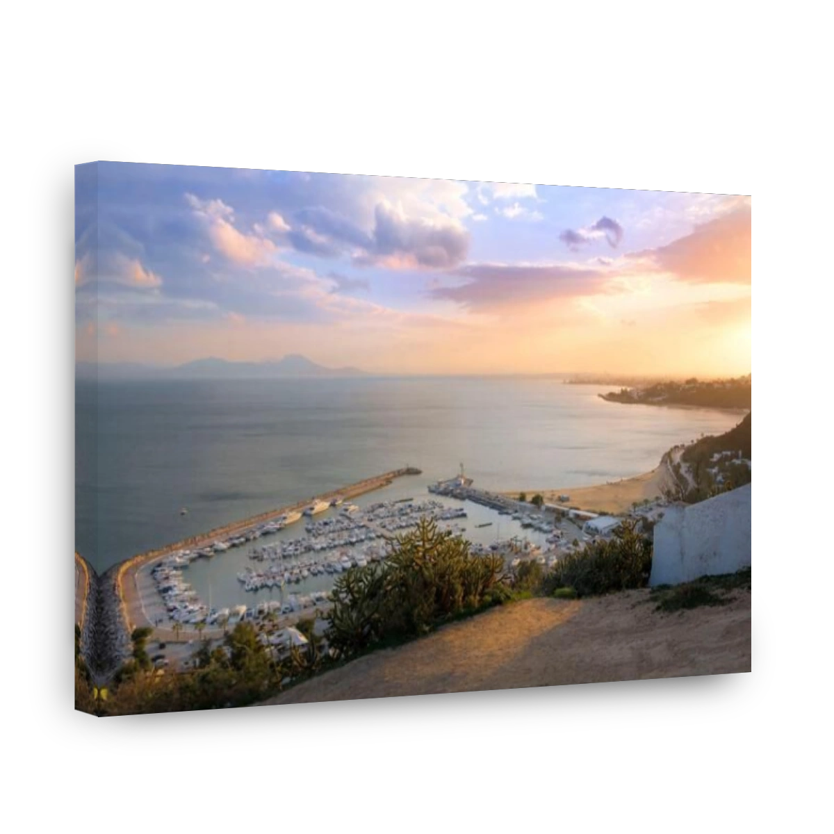 High angle view of Harbor of Sidi Bou Said in Tunis - TUNISIA at sunset - 2024 February