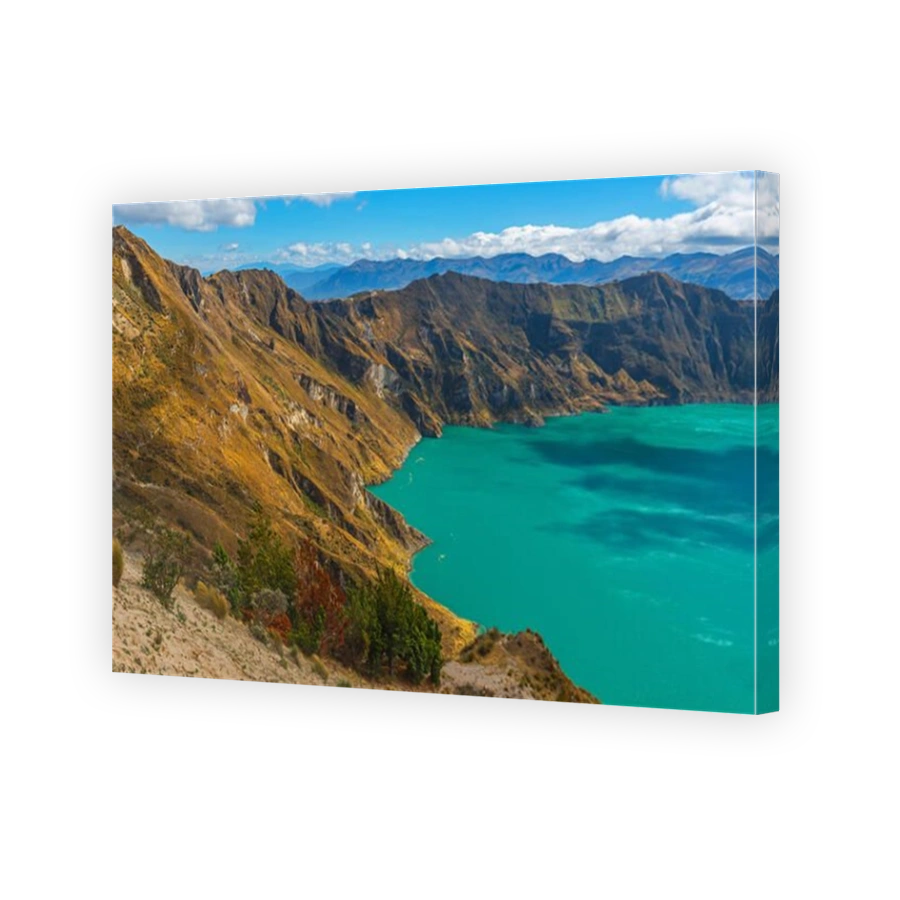 Landscape of the Quilotoa crater lake with its turquoise blue waters in the Andes mountain range near Quito, Ecuador, South America.