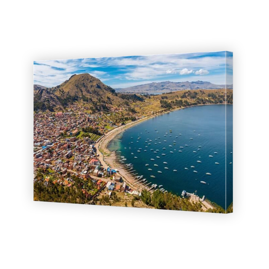 Copacabana city during the day with Titicaca Lake, Bolivia.