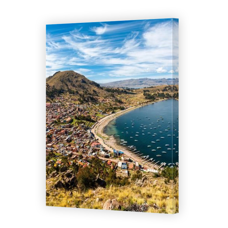 Vertical cityscape of Copacabana city by Titicaca Lake, Bolivia.
