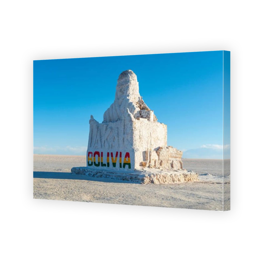 The Bolivia Dakar Rally monument in the Salar de Uyuni (Uyuni salt flat) at sunset, Bolivia.