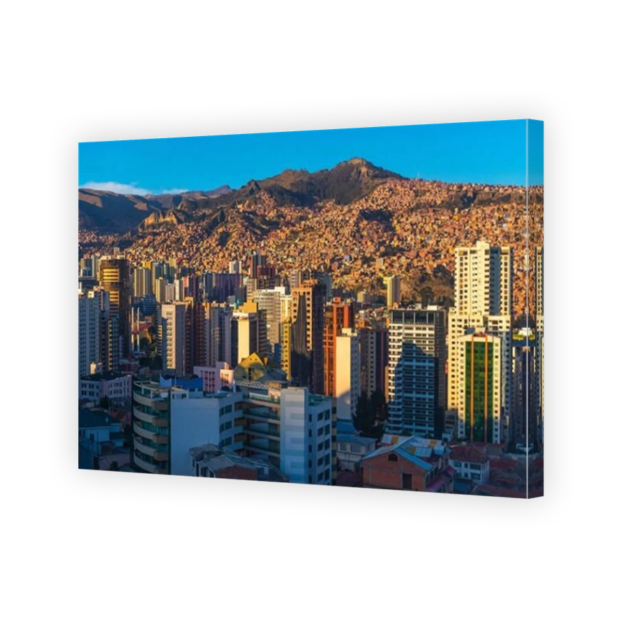 Cityscape of La Paz with its modern urban skyline and skyscrapers at sunset, Andes Mountains, Bolivia.