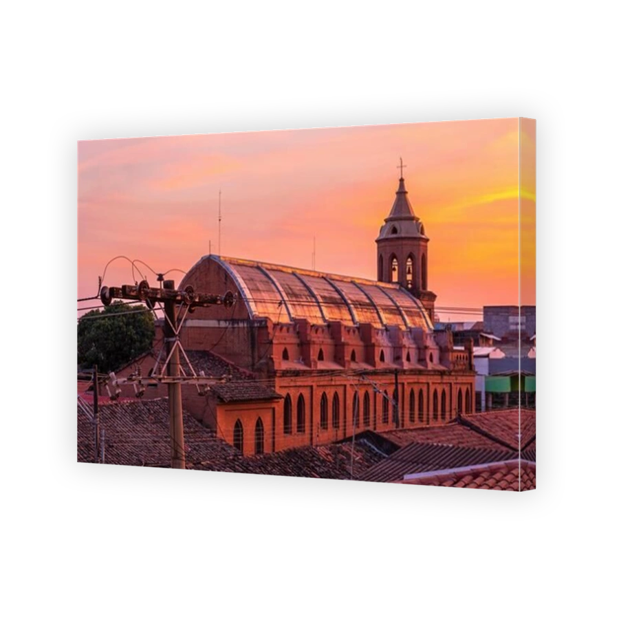 Roof and tower of the Merced church at sunrise, Santa Cruz de la Sierra, Bolivia.