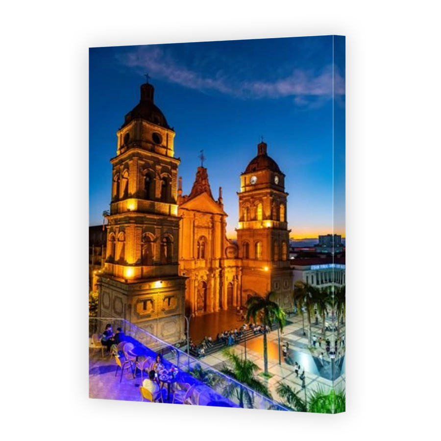 Cathedral Basilica of St. Lawrence at nighttime, Santa Cruz de la Sierra, Bolivia, South America