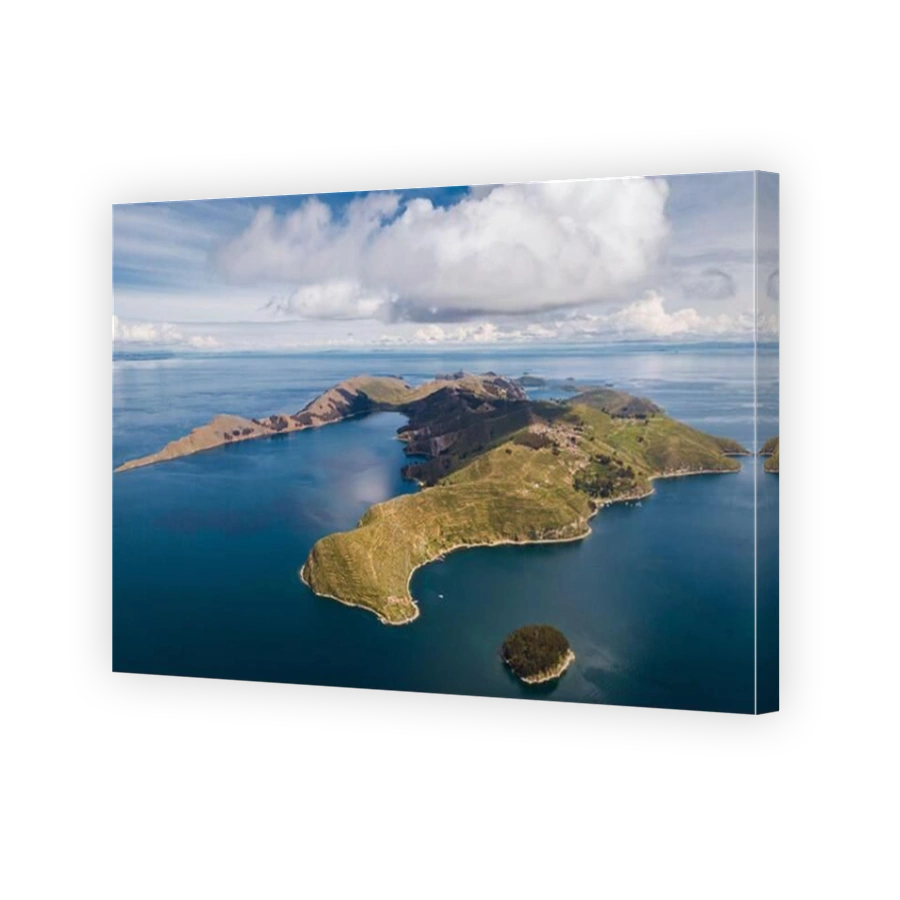 Aerial view of Sun Island (Spanish: Isla del Sol ) on Titicaca Lake in Bolivia, South America.