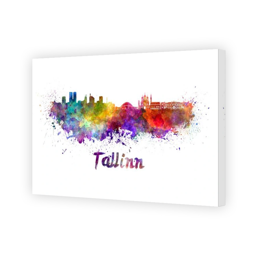 Tallinn skyline in watercolor splatters