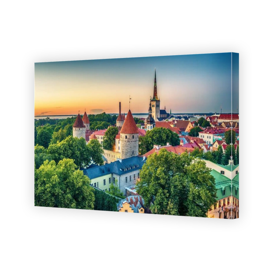 Tallinn, Estonia: aerial top view of the old town at night
