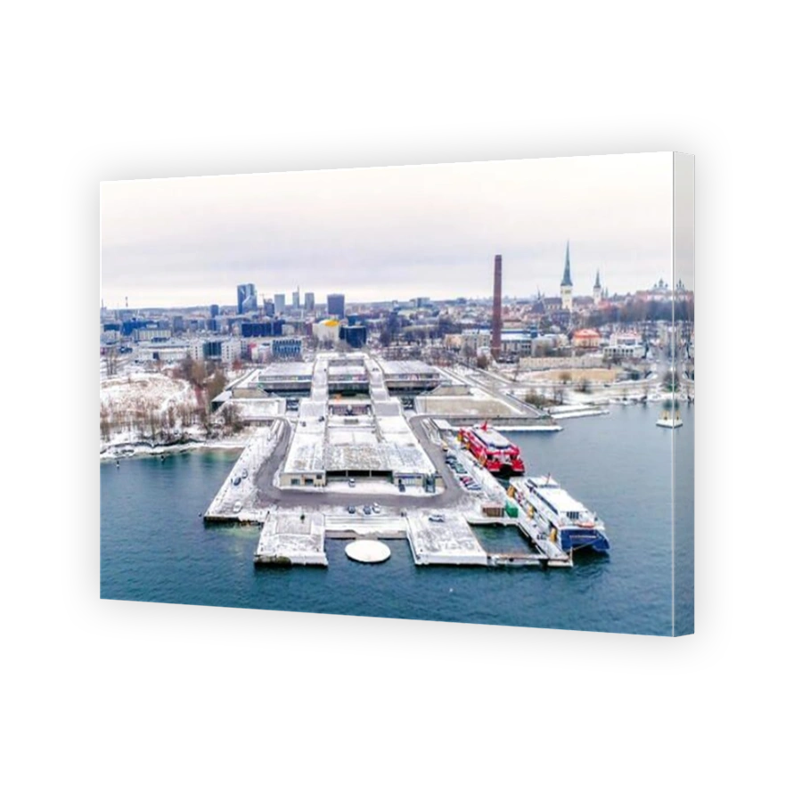 The winter look of the port of Tallin in Estonia with snow covered on the streets and buildings on the port