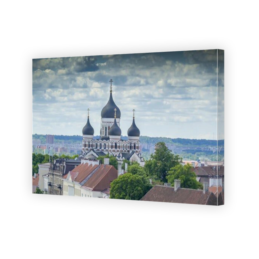 Zoom out aerial view of the old church in Tallin it is the Russian church found in the center of the old town