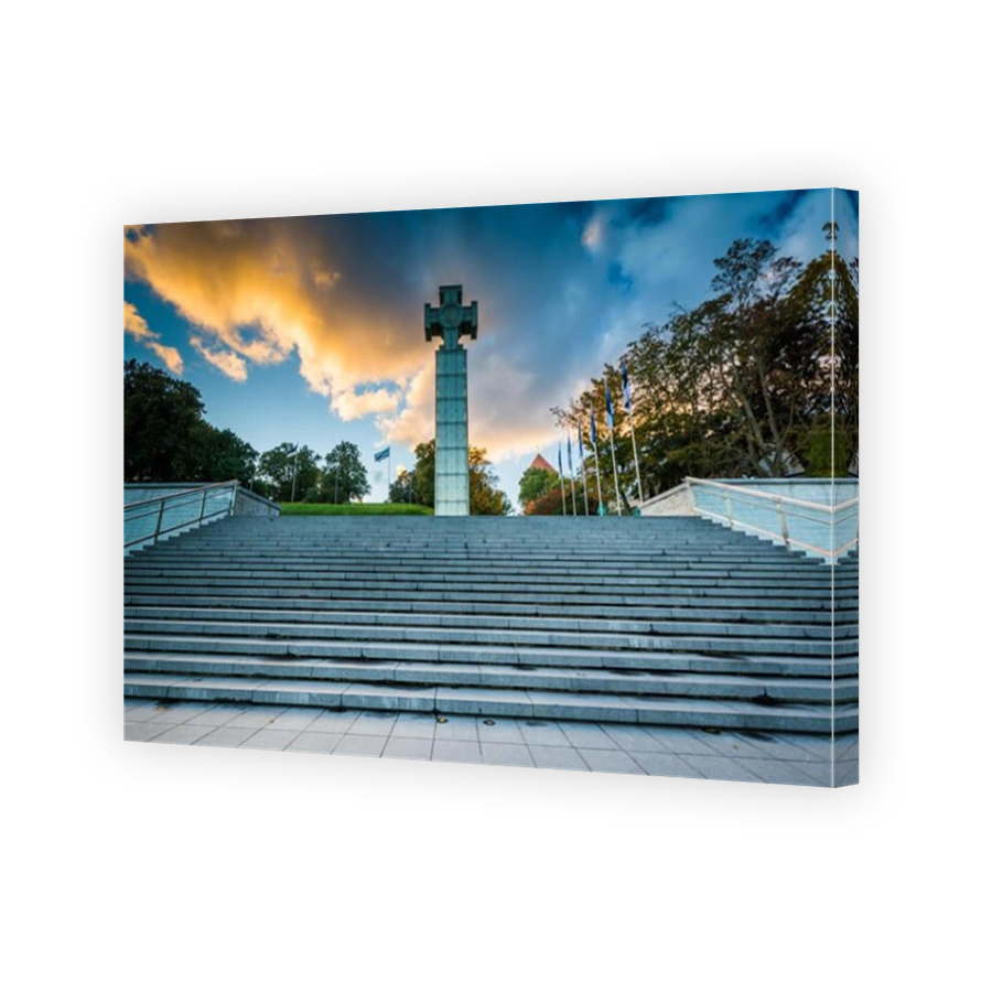 The War of Independence Victory Column at sunset, at Freedom Square, in Tallinn, Estonia.