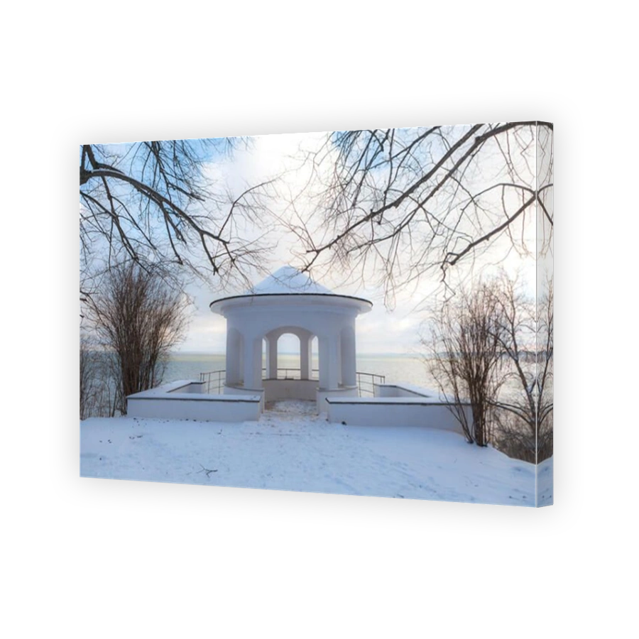 Stone gazebo in the edge of steep cliff. Toila, Estonia, winter time.