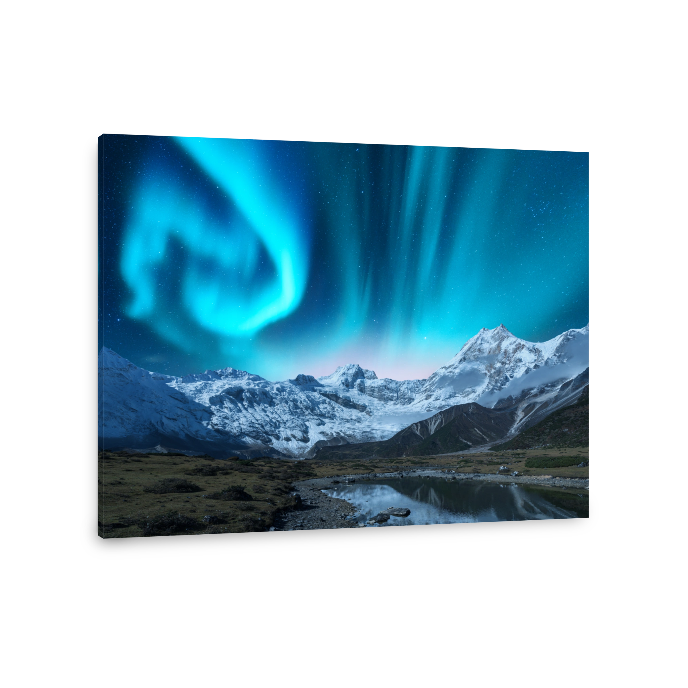 Aurora borealis over the snowy mountains, coast of the lake and reflection in water