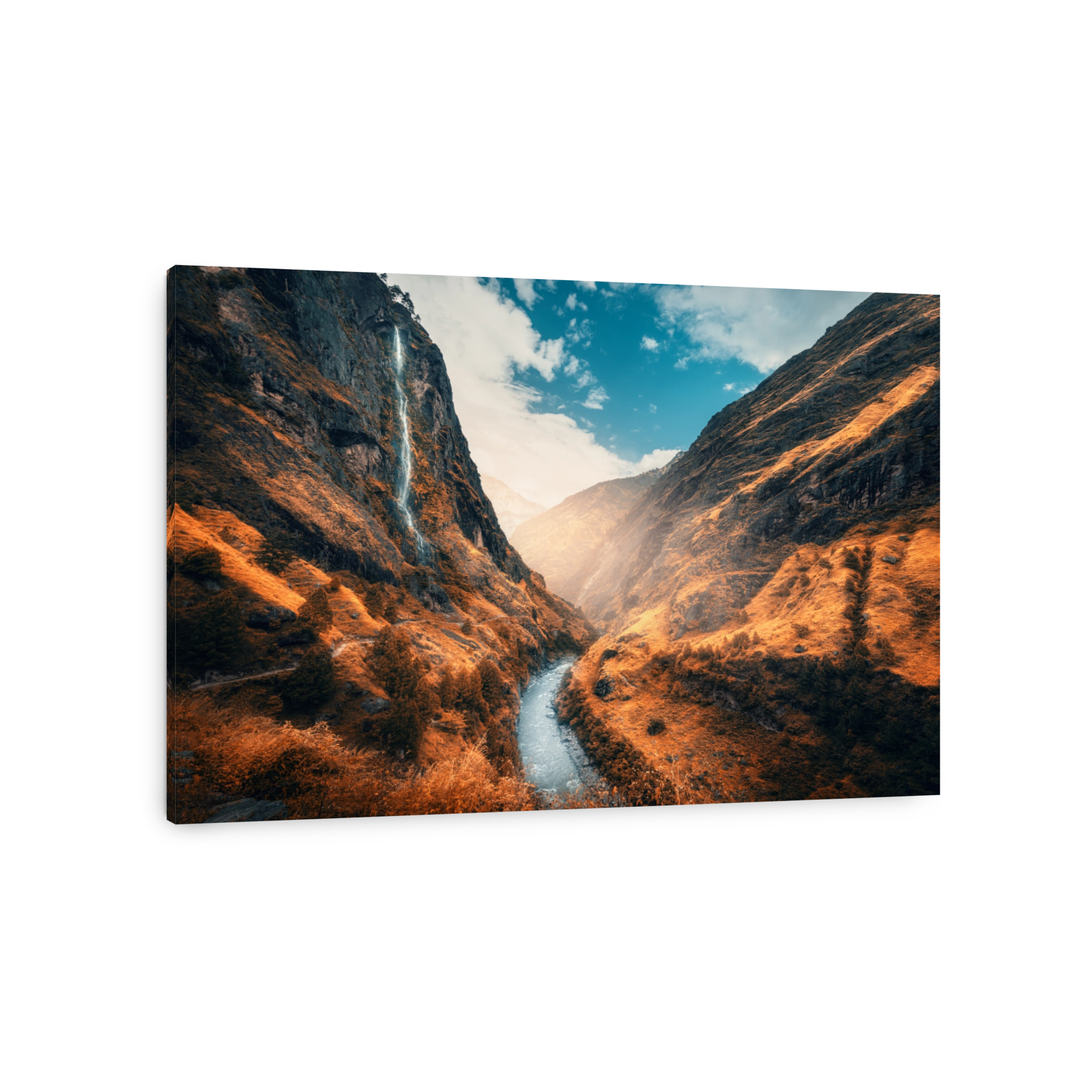 Beautiful mountains covered orange grass in autumn. Colorful landscape with mountain valley, river, waterfall, meadows and forest, sky with clouds in fall at sunset. Travel in Himalayas. Nature